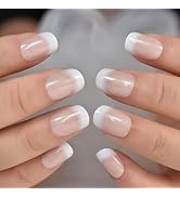 Elevenail Short Natural Nude Pink White Press on Nails Glitter French False Nail Art Tips Round F...