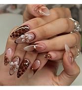 BABALAL Brown Nails Press on Medium Almond Fake Nails Flower Artificial False Nails Gold Design A...