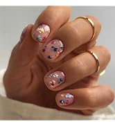 Press on Nails Short Square Fake Nails Press ons with Flower Designs Glossy Glue on Nails Cute Ac...