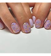 Purple Press on Nails Flower Fake Nails with Gold Accent Short Square False Nails Press ons with ...
