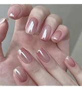 Flash Press on Nails Short Square SWEKKE Fake Nails Full Cover Pink Glossy Glue on Nails Chrome F...