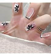 Winter Flower Press on Nails Black French False Nails Glossy Pink Cat Eye Acrylic Fake Nails 24Pc...