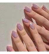 Chrome Press on Nails Medium Almond Fake Nails Holographic False Nails Press ons with Designs Acr...