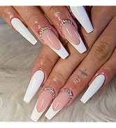 YOSOMK Charms White French Tip Long Press on Nails with Designs 3D Rhinestones Nude False Fake Na...