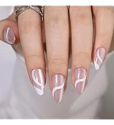 Medium Almond Press on Nails Cat Eye Fake Nails White French Nails Tips False Nails with Designs ...