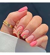 ANDGING Press on Nails Short Coffin, Fake Nails for Women with Nude Pink Rainbow Curved Swirl Des...