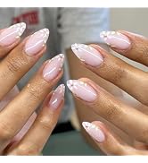 Flower Press on Nails Almond Fake Nails Medium French Tip Glue on Nails Nude Pink Acrylic False N...