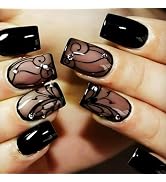 Black Curve Line Press on Nails with Dark Vine Design, Glossy Black Ins Medium Square False Nails...
