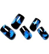 Press on Nails Short Square Shape, Black Fake Nails with Design Blue Y2K Butterfly Medium Glue on...