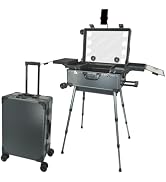 RUKEJUNE Rolling Makeup Train Case with Mirror and Lights Cosmetic Travel Box Mobile Barber Stati...