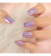 Magic Color Chameleon Pink Purple Glossy Press on False Nails Medium Short Squoval Fake Nail Full...