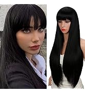 Kalyss 28 Inches Women's Silky Long Straight Black Wig Heat Resistant Synthetic Wig With Bangs Ha...