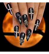 Morily 24Pcs Black Stiletto Press on Nails Halloween Fake Nail with Claw Skull Design Acrylic Glo...