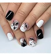 Halloween Press On Nails - Short Square False Nails, Black & White, Glossy Star Acrylic, Ghost & ...