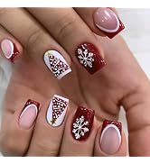 Christmas Press on Nails Short Square MABKJLF French Tip Fake Nails White & Red False Nails with ...