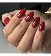 Deep Red Press on Nails Almond Fake Nails Classic Red Medium Glossy Handmade Gel Full Cover False...