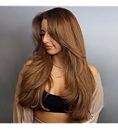 ORSUNCER Long Ombre Brown Layered Wigs for Women Middle Part Brown Wig with Dark Roots Synthetic ...