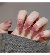 ANDGING Press on Nails Short Medium Coffin , Fake Nails for Women with Nude Pink Purple Rhineston...
