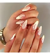 Yellow French Tips Press on Nails 3D Curve Line False Nails 3D Shells Design Gel Glue on Medium A...