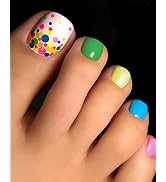 Kikmoya Press on Toenails Short White Fake Toe Nails with Rainbow Polka Dots Design - 28pcs Color...