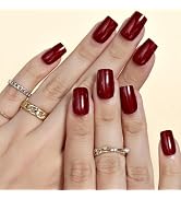 GLAMERMAID Press on Nails Medium Square,Dark Red False Nails with Glue,24 Pcs Glue on Nails Reusa...