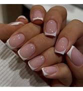 ROMODIYA Press on Nails Short Square, White French Design Fake Nails, Gel Made Solid Color Nude F...