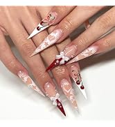 Long Press on Nails Stiletto French Tip Fake Nails with 3D Bow Design False Nails Red Cherry Acry...