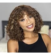 HUA 4/27 Short Curly Human Hair Wigs with Bangs for Black Women Deep Wave Highlight Wig Human Hai...