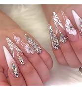 Stiletto Press on Nails Long Fake Nails Glossy Glue on Nails Luxury Rhinestones Acrylic Nails Bli...