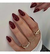 Dark Red Press on Nails Almond Fake Nails Short Almond False Nails Press ons with Designs Acrylic...