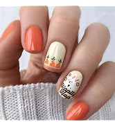 Easter Nails Orange Press on Nails Short Square Fake Nails with Designs Cute Bunny Carrot Full Co...