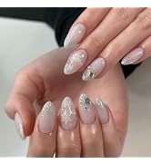 Christmas Almond Press on Nails Medium Fake Nails White Snowflake Glitter Rhinestone Designs Cute...