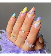 Colorful Tips Press on Nails Medium Almond Fake Nails with Designs French Swirl Dopamine Style Nu...