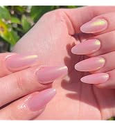 GLAMERMAID Press on Nails Medium Almond - Handmade Gel Nails | Pink Golden Glitter Galaxy Fake Na...