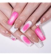 Frinail Press on Nails Medium Long Rhinestone Hot Pink Fake Nails Square Glossy 3D Flower False N...