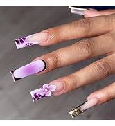 BABALAL Long Press on Nails Square Fake Nails Purple Lavender French Tip Glue on Nails Gold Chrom...