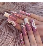 Long Press on Nails Square Pink Fake Nails French Tip False Nails with Designs Flower Rhinestones...
