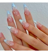 24Pcs Blue French Tip Press on Nails Medium Almond Shaped Fake Nails with Pearl Design Glue on Na...