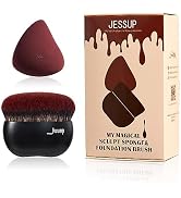 Jessup Foundation Brush with Makeup Sponge, Black Makeup Brush Flat Top Kabuki Brush for Liquid B...
