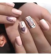 Easter Nails Press on Nails Short Square Fake Nails with Designs Pale Pink Cute Bunny Heart Glitt...