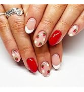Strawberry Press on Nails Short French Tips Fake Nails with Glossy Red Stick on Nails Youth Desig...