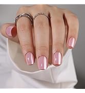 Pink Press on Nails Short Square Fake Nails Pink Chrome False Nails with Glue Cute Glossy Acrylic...
