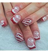 Christmas Press on Nails Short Square Fake Nails Santa Hat Glitter Red and White Stripes Designs ...
