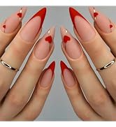 Valentine's Day Press on Nails Medium Almond Matte Red Heart Fake Nails with Gold Lines Wave Desi...
