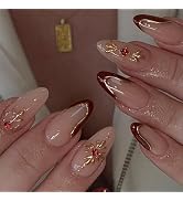 Almond French Tip Press on Nails Medium 3D Fake Nails with Designs Glossy Acrylic Nails Reusable ...