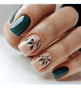 Green Press on Nails Short Square Fake Nails Leaf False Nails Press ons with Designs Spring Summe...