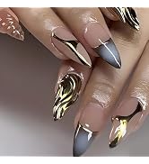 Gold Press on Nails Long Almond French Tip False Nails Gradient Blue Fake Nails with Design Gloss...