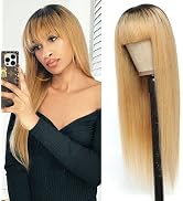 REMY HAIR Honey Blond Human Hair Wigs with Bangs for Black Women Brazilian Virgin Hair T1B/27 Col...