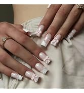3D Press on Nails Long Square Bow False Nails White French Tip Acrylic Nails Cute Pink Fake Nails...