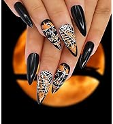 Morily Halloween Press on Nails 24Pcs Black Stiletto Fake Nails Medium Length with Pumpkin Spider...